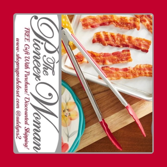 🌺 New The Pioneer Woman 12-Inch Silicone and Stainless Steel Locking Tongs, Red - Picture 2 of 9